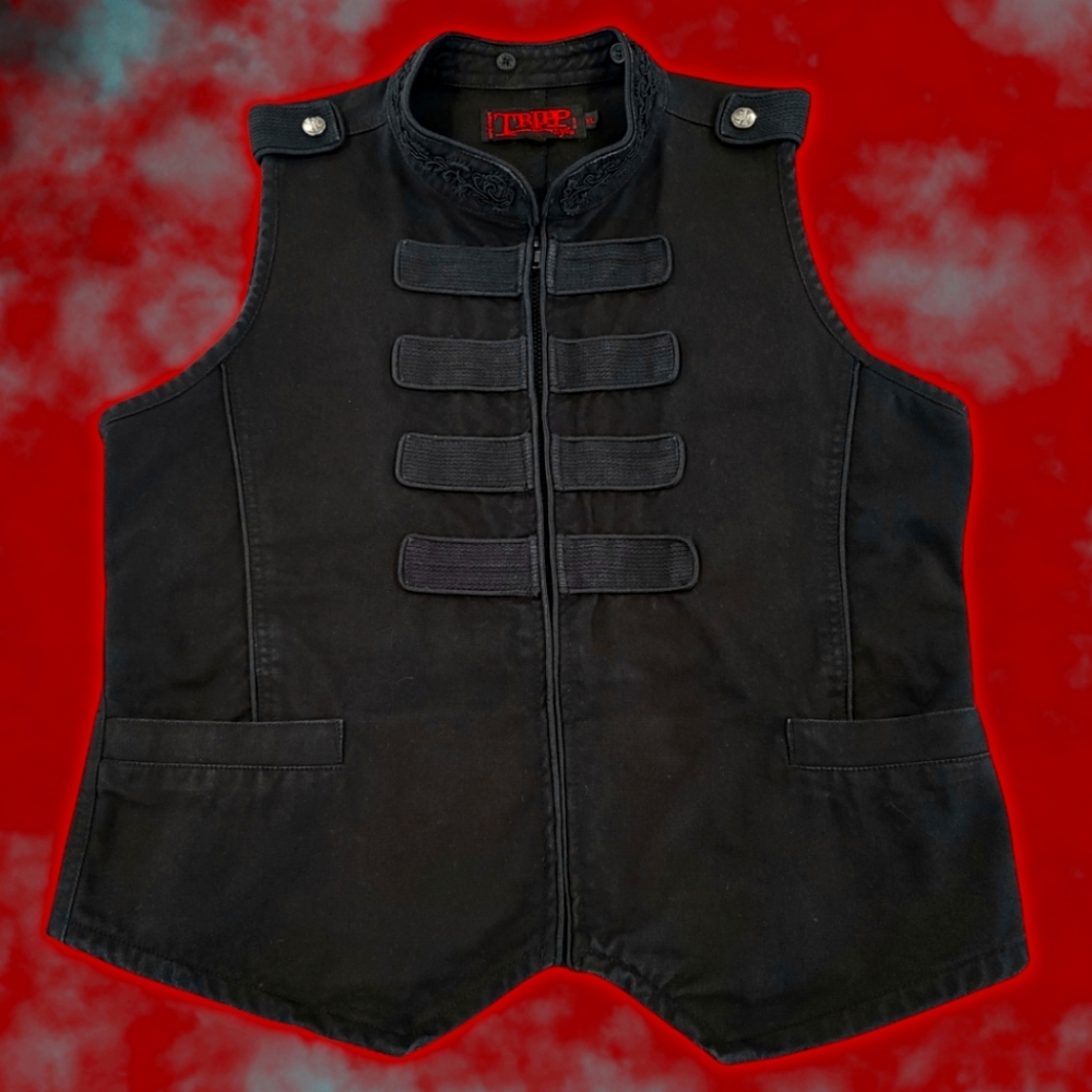 *SOLD* Tripp NYC Black Denim Full Zip Men's Vest Size XL Skulls Goth Grunge Y2K